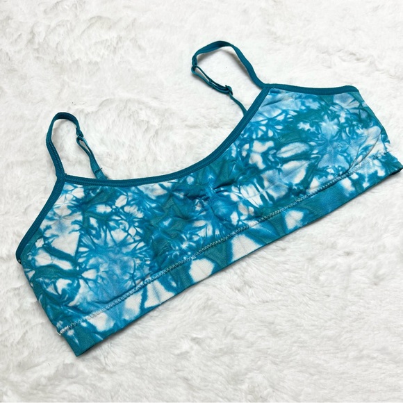 Hanes Girls' Seamless Ruched Crop Bra Size XL Teal Blue Tie Dye - Picture 6 of 7